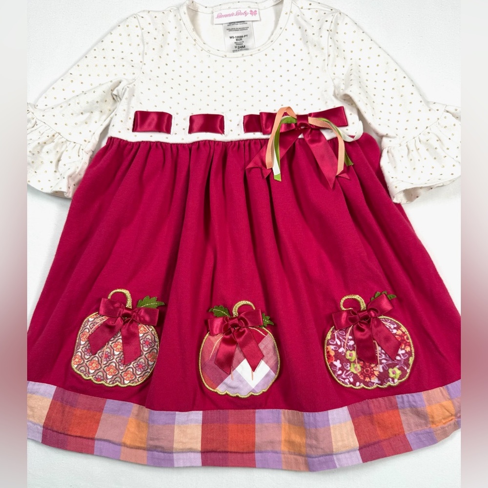 BONNIE BABY Girls' Autumn Thanksgiving Pumpkin Applique Mixed Print Dress 24M - Picture 3 of 10